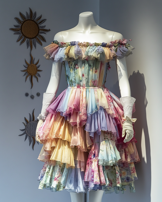 Summer Vacation Elegant Colorful Ruffle Dress A82a
