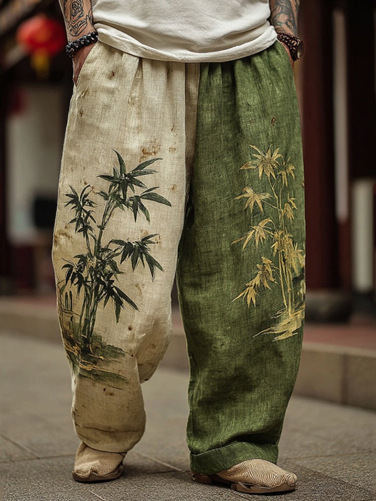 Men's Japanese Bamboo Art Contrast Wide-Leg Linen Pants