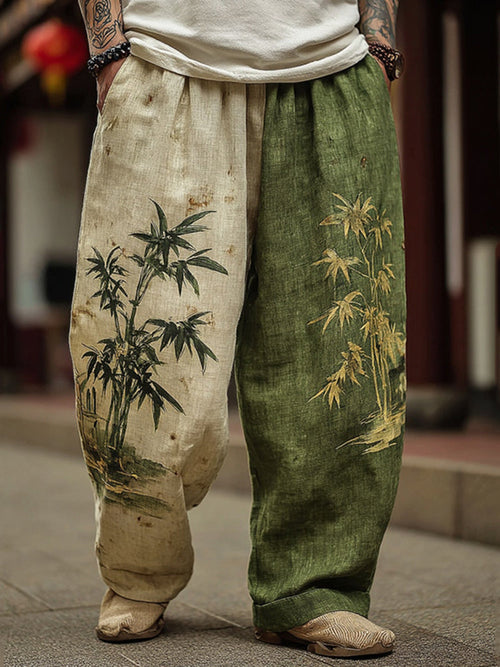 Men's Japanese Bamboo Art Contrast Wide-Leg Linen Pants