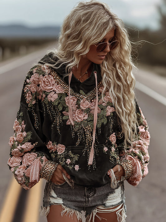 Classic Romantic Pink Rose Embroidery Art Comfy Hoodie