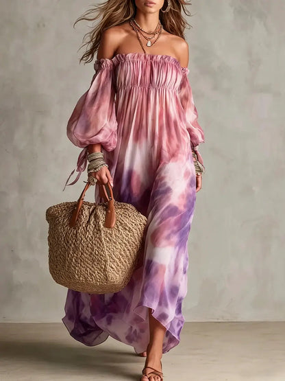 Tie-Dye Off-Shoulder Vacation Maxi Dress