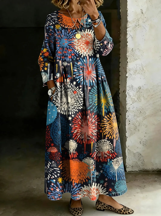 Retro Multicolor Fireworks Art Splicing Long-Sleeved Loose-Fitting Casual Denim Dress