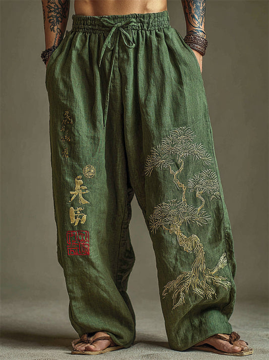 Men's Japanese Pine Tree Embroidered Wide-Leg Linen Pants