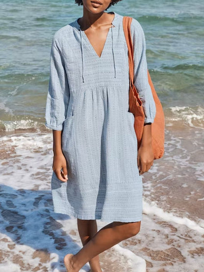 Solid Color Loose Elegant Casual V-Neck Pocket Cotton and Linen Dress