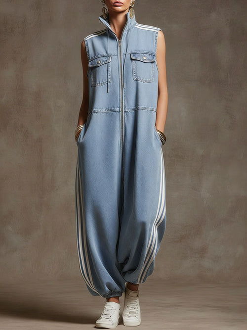 Casual Retro White Ribbon Light Blue Denim Sleeveless Jumpsuit