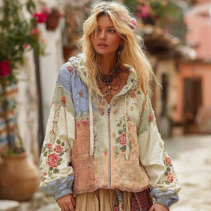 Floral Embroidery Colorblock Boho Casual Zip-Up Hoodie