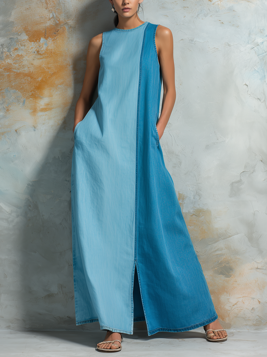 Two-Tone Washed Denim Sleeveless Maxi Dress with Side Slit