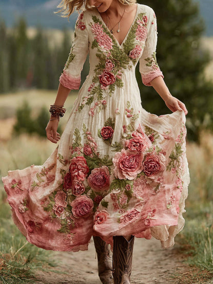 Vintage Rose Floral Art V-Neck Linen Blend Comfy Maxi Dress