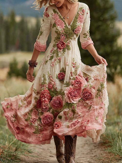 Vintage Rose Floral Art V-Neck Linen Blend Comfy Maxi Dress
