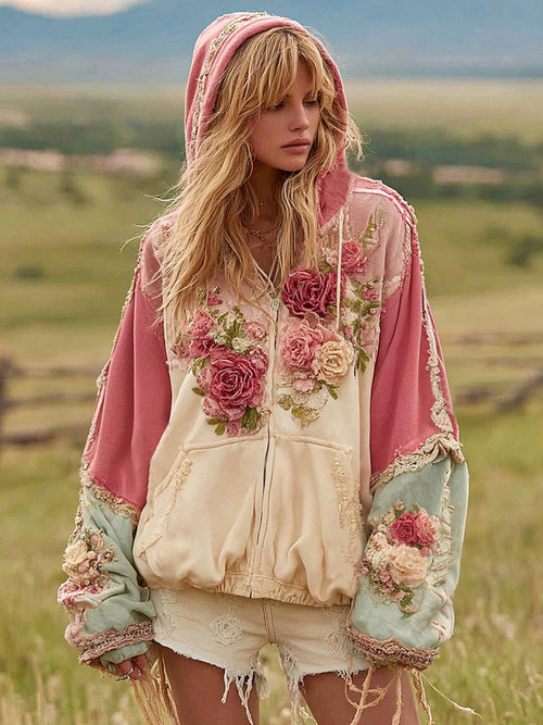 Floral Embroidery Colorblock Boho Casual Zip-Up Hoodie
