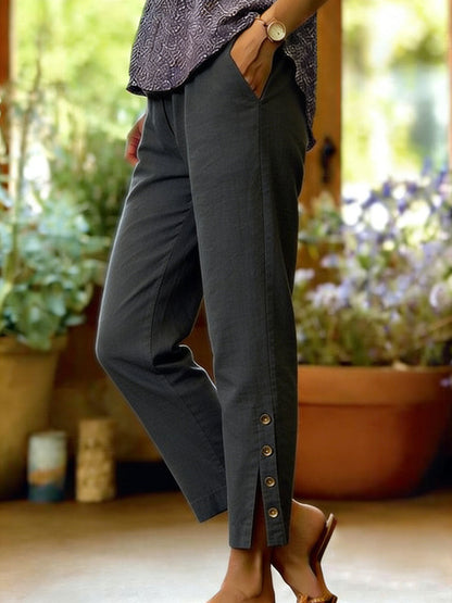 Cotton-Linen Button Slit Solid-Color Loose-Fit Casual Trousers