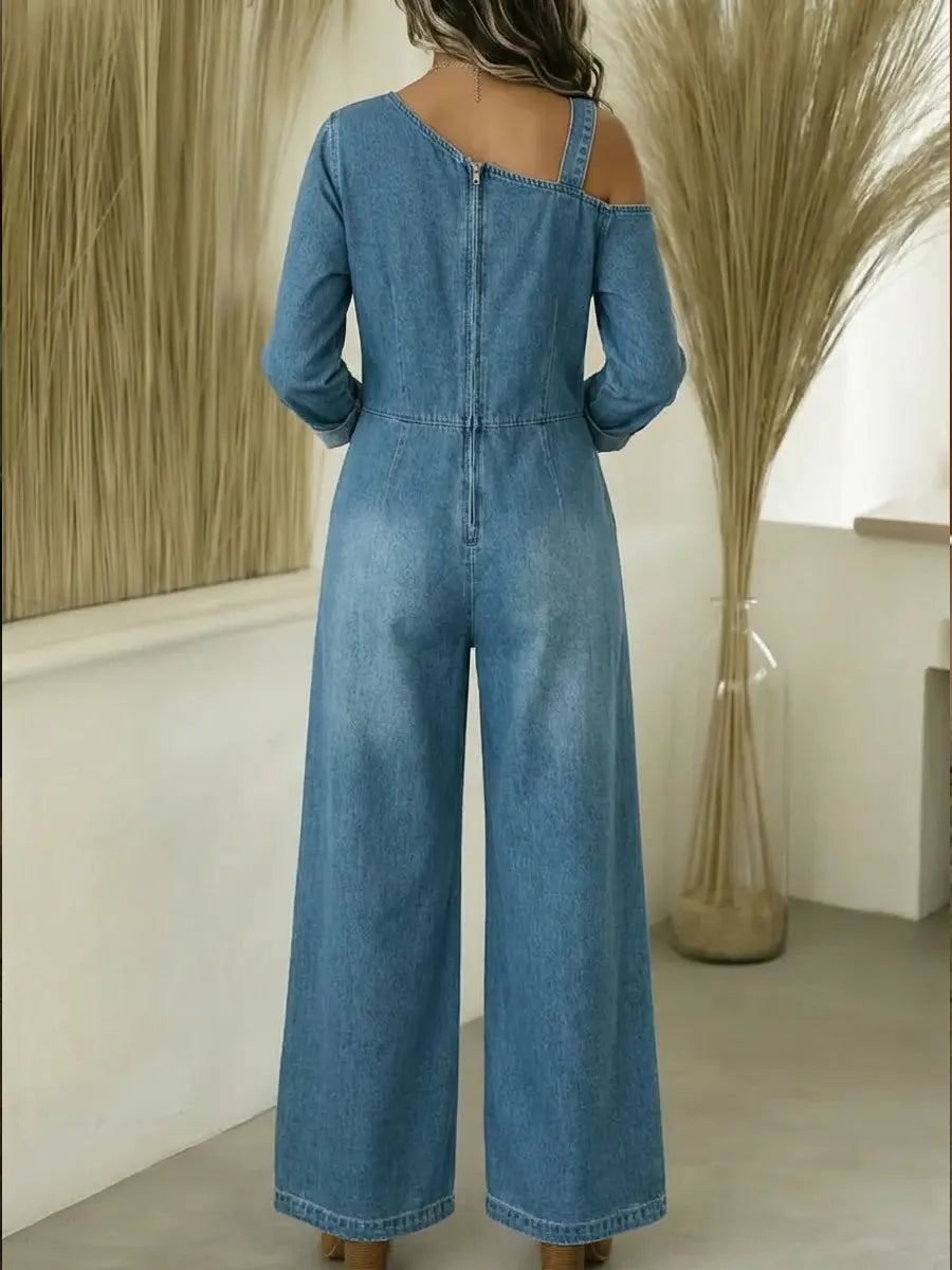 Fashionable Off-the-Shoulder Denim Jumpsuit