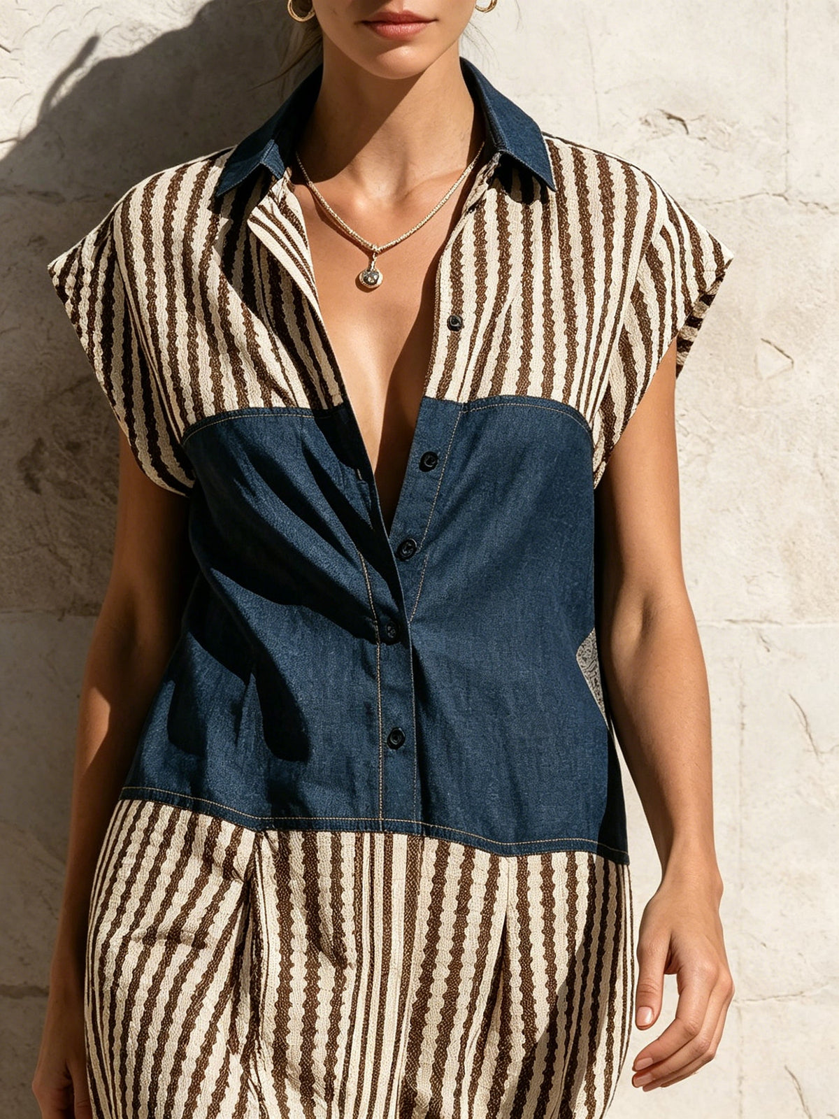 Denim and Stripe Colorblock Shirt Dress | Button-Front Midi Dress