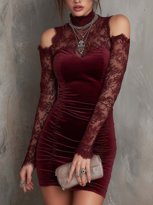 Vintage-Style Cold Sleeves Lace Polyester Velvet Mini Dress
