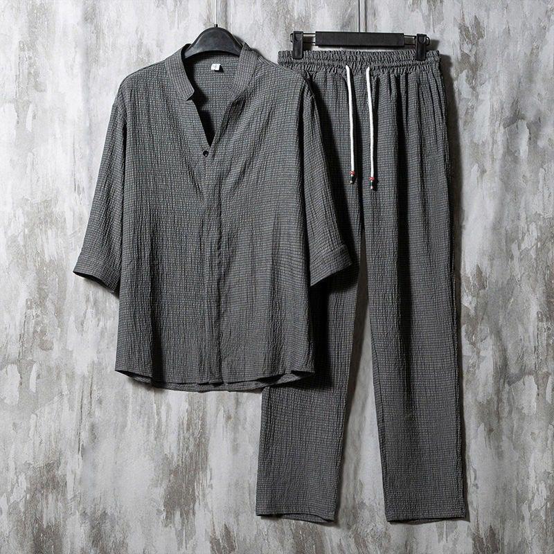 Vintage Linen Solid V-Neck Half Sleeves Shirt and Pants Two-Piece Set