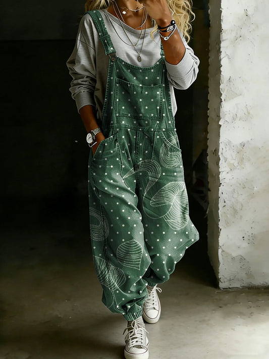 Vintage Art Print Casual One Piece Denim Jumpsuit