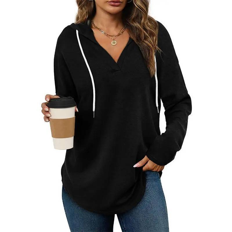 WIHOLL Women's Soft V-Neck Hooded Tunic Top - Lightweight Long Sleeve Pullover