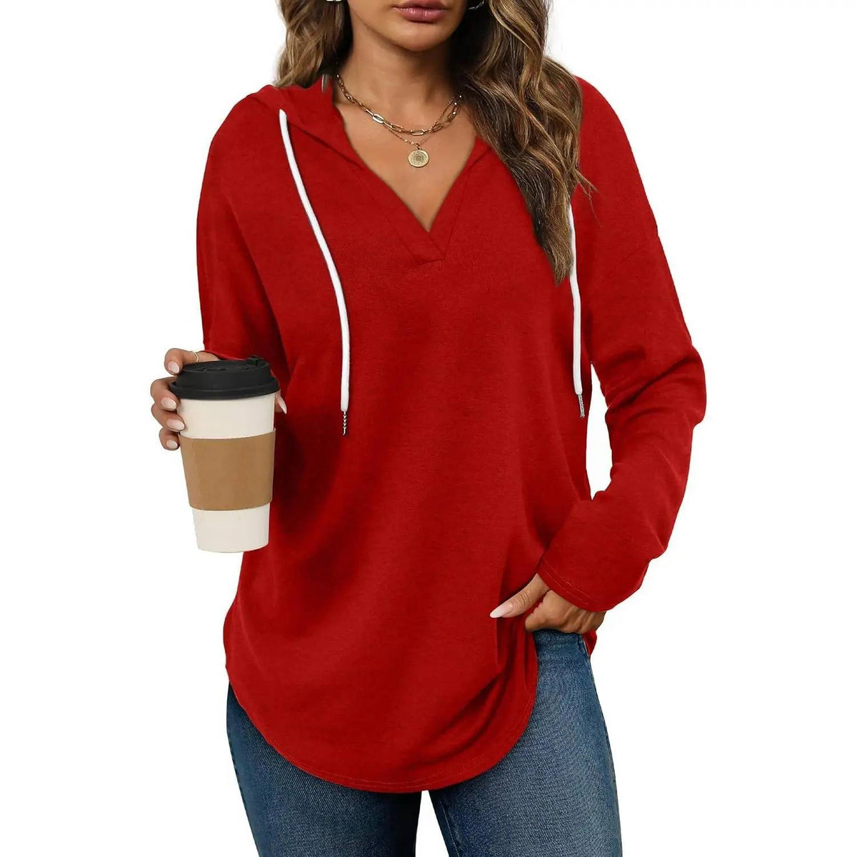 WIHOLL Women's Soft V-Neck Hooded Tunic Top - Lightweight Long Sleeve Pullover