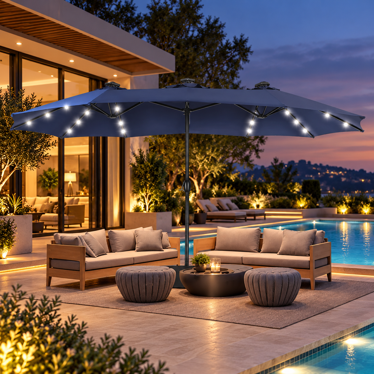15FT Extra Large Double-Sided Patio Umbrella with 36 Solar LED Lights