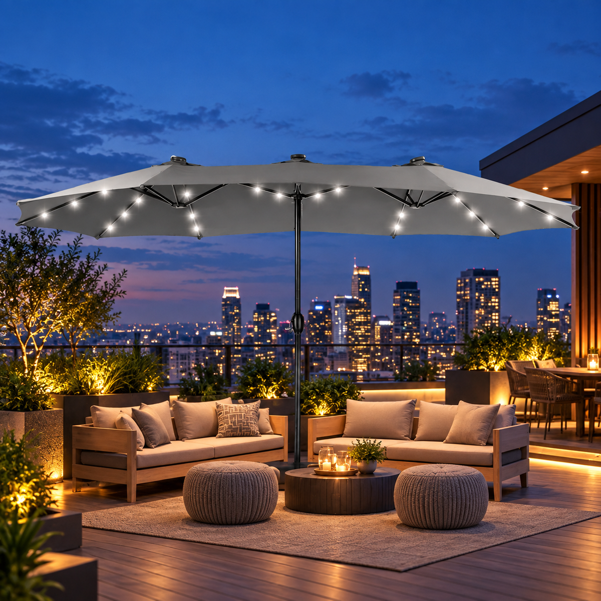 15FT Extra Large Double-Sided Patio Umbrella with 36 Solar LED Lights