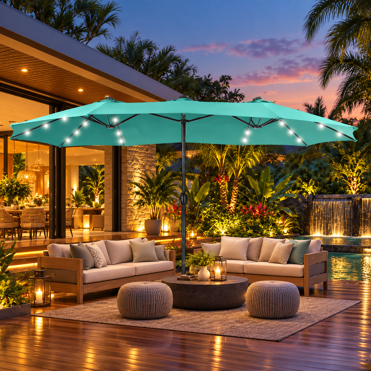 15FT Extra Large Double-Sided Patio Umbrella with 36 Solar LED Lights