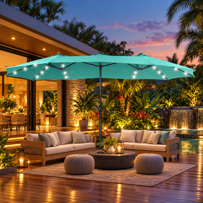 15FT Extra Large Double-Sided Patio Umbrella with 36 Solar LED Lights