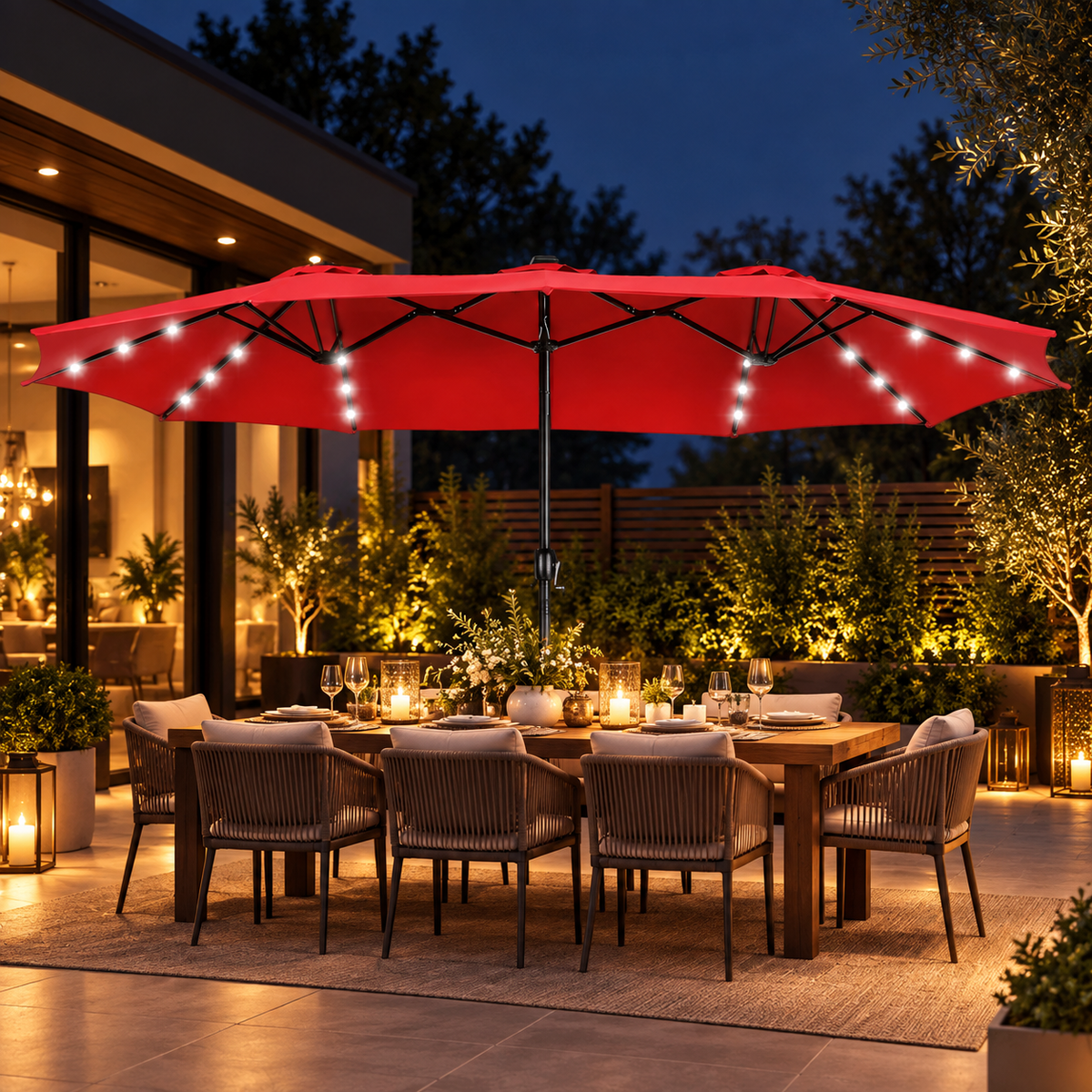 15FT Extra Large Double-Sided Patio Umbrella with 36 Solar LED Lights