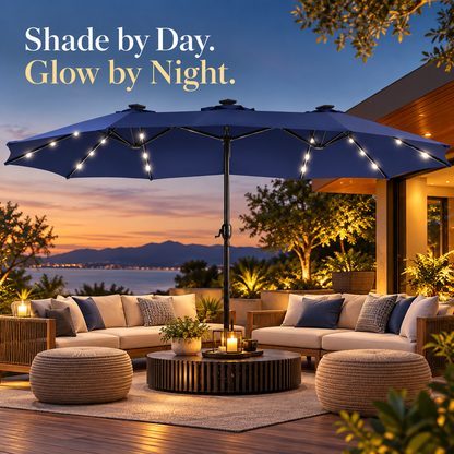 15FT Extra Large Double-Sided Patio Umbrella with 36 Solar LED Lights