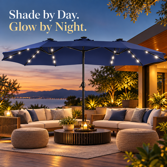 15FT Extra Large Double-Sided Patio Umbrella with 36 Solar LED Lights