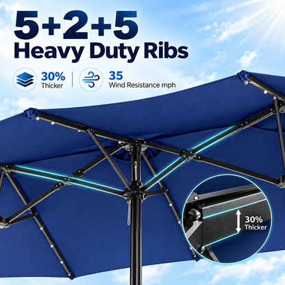 15FT Extra Large Double-Sided Patio Umbrella with 36 Solar LED Lights
