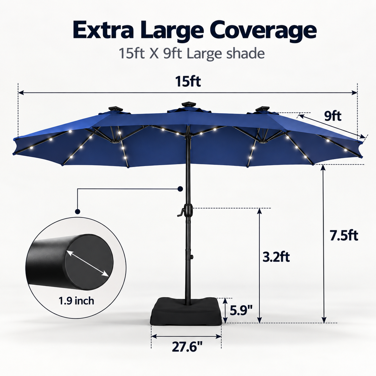 15FT Extra Large Double-Sided Patio Umbrella with 36 Solar LED Lights