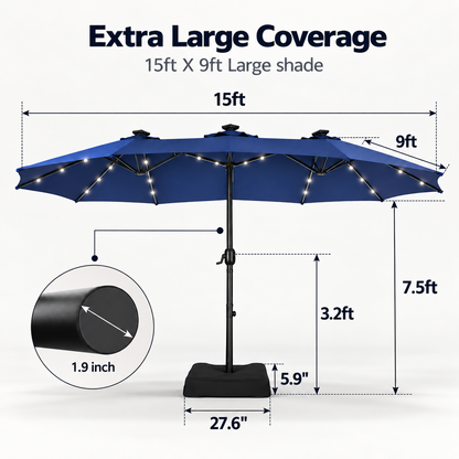 15FT Extra Large Double-Sided Patio Umbrella with 36 Solar LED Lights