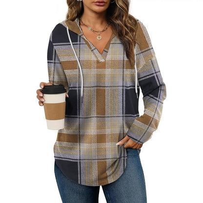 WIHOLL Women's Soft V-Neck Hooded Tunic Top - Lightweight Long Sleeve Pullover
