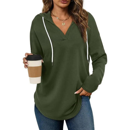 WIHOLL Women's Soft V-Neck Hooded Tunic Top - Lightweight Long Sleeve Pullover
