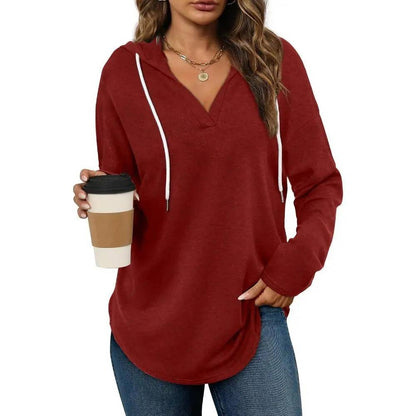 WIHOLL Women's Soft V-Neck Hooded Tunic Top - Lightweight Long Sleeve Pullover