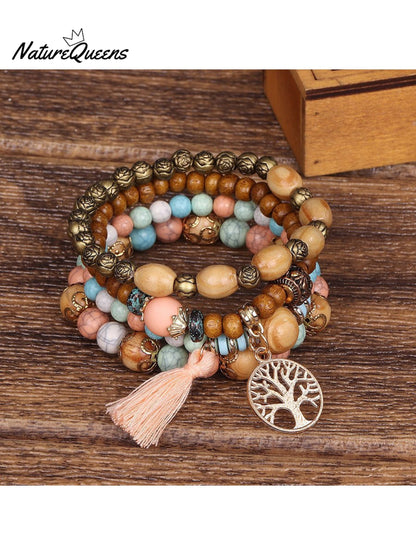 Boho Multi-Layered Wooden Beaded Bracelet