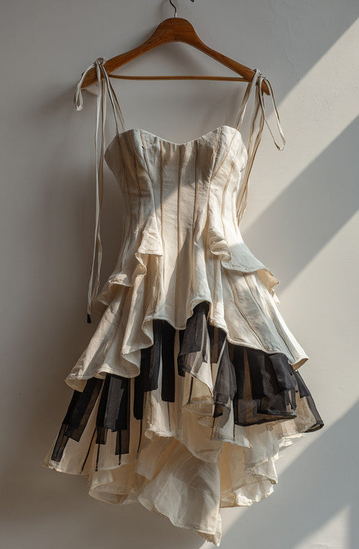 Retro Elegant Music Theme Irregular Stitching Dress 141e