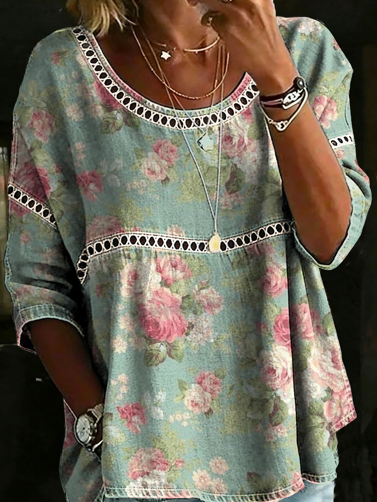 Vintage Flower Casual Loose Denim Blouse Shirt