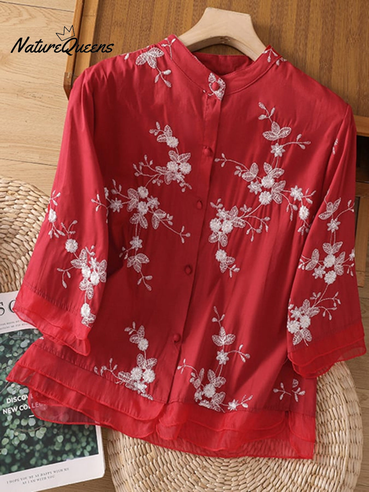 Art Retro Embroidery 3/4-Sleeve Patchwork Shirt