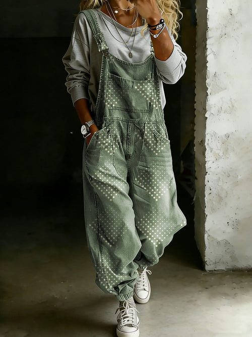 Vintage Green Art Print Casual One Piece Denim Jumpsuit