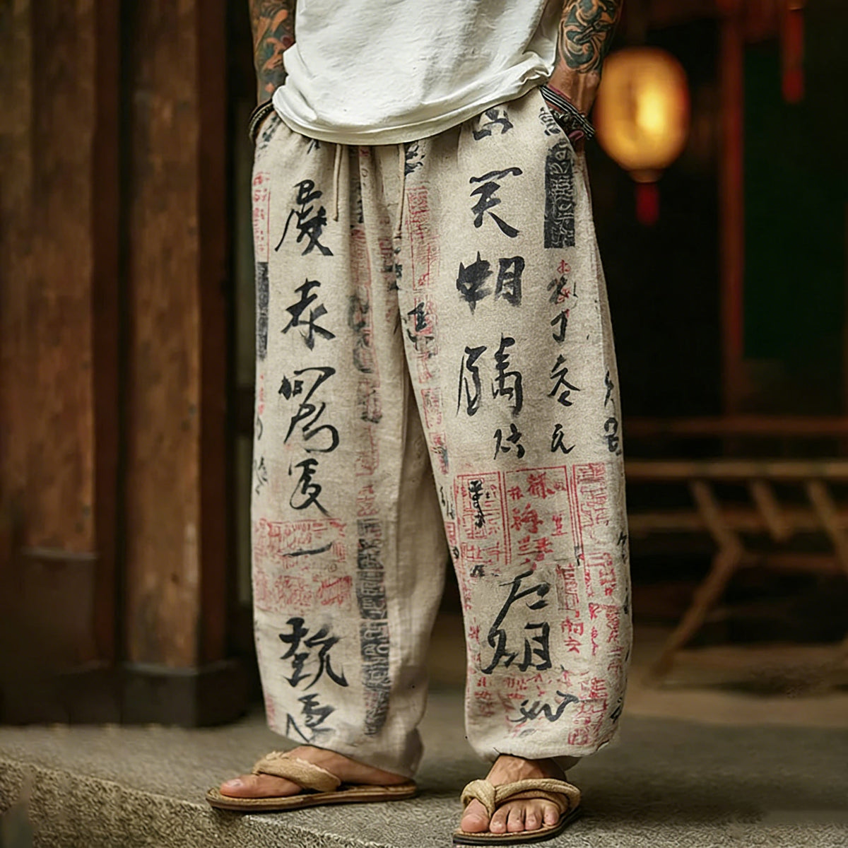 Retro Japanese Calligraphy and Painting Pattern Casual Linen Pants