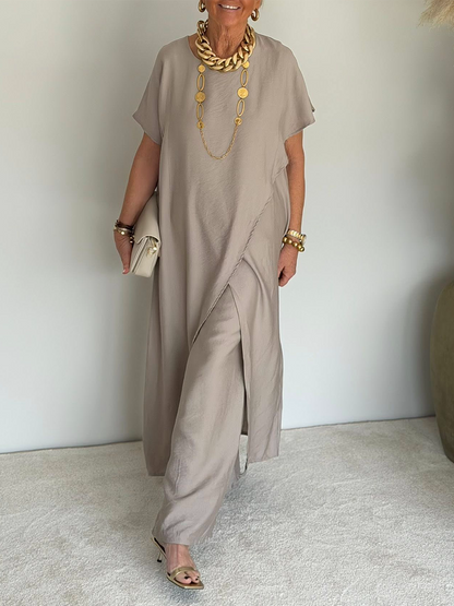 Cozy Loose Fit Asymmetrical Two-Piece Set with Casual Retro Cotton Blend Outfit