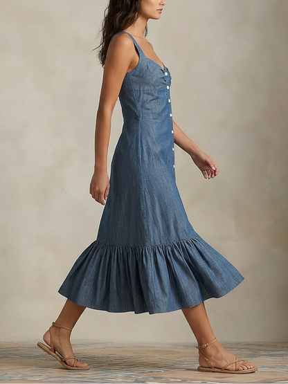Chambray Denim Button-Front Midi Dress with Ruffle Hem