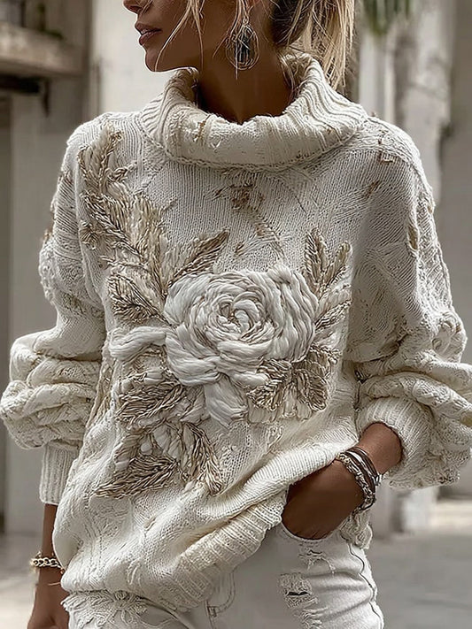 Vintage White Rose Chunky Knit Turtleneck Sweater