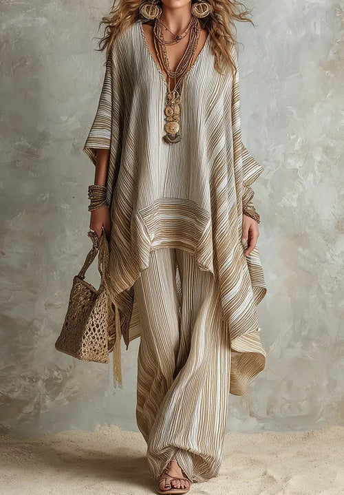 Chic Striped Casual Stylish Cotton Linen Top and Pants Set