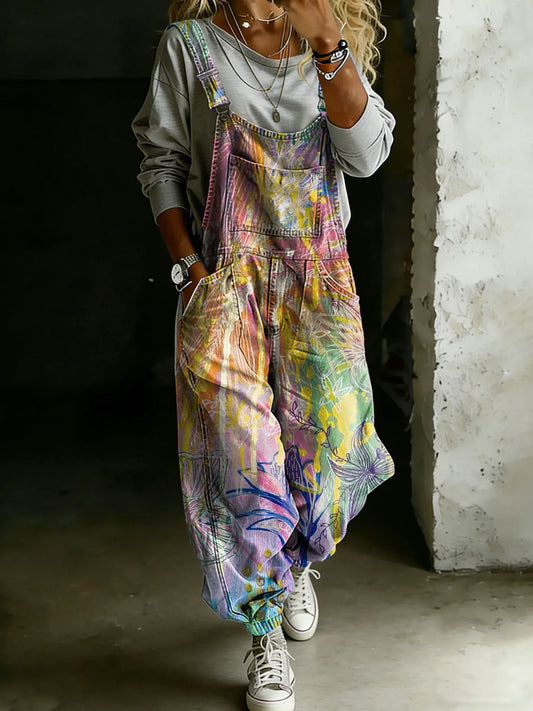 Vintage Multicolor Art Print Casual One Piece Denim Jumpsuit