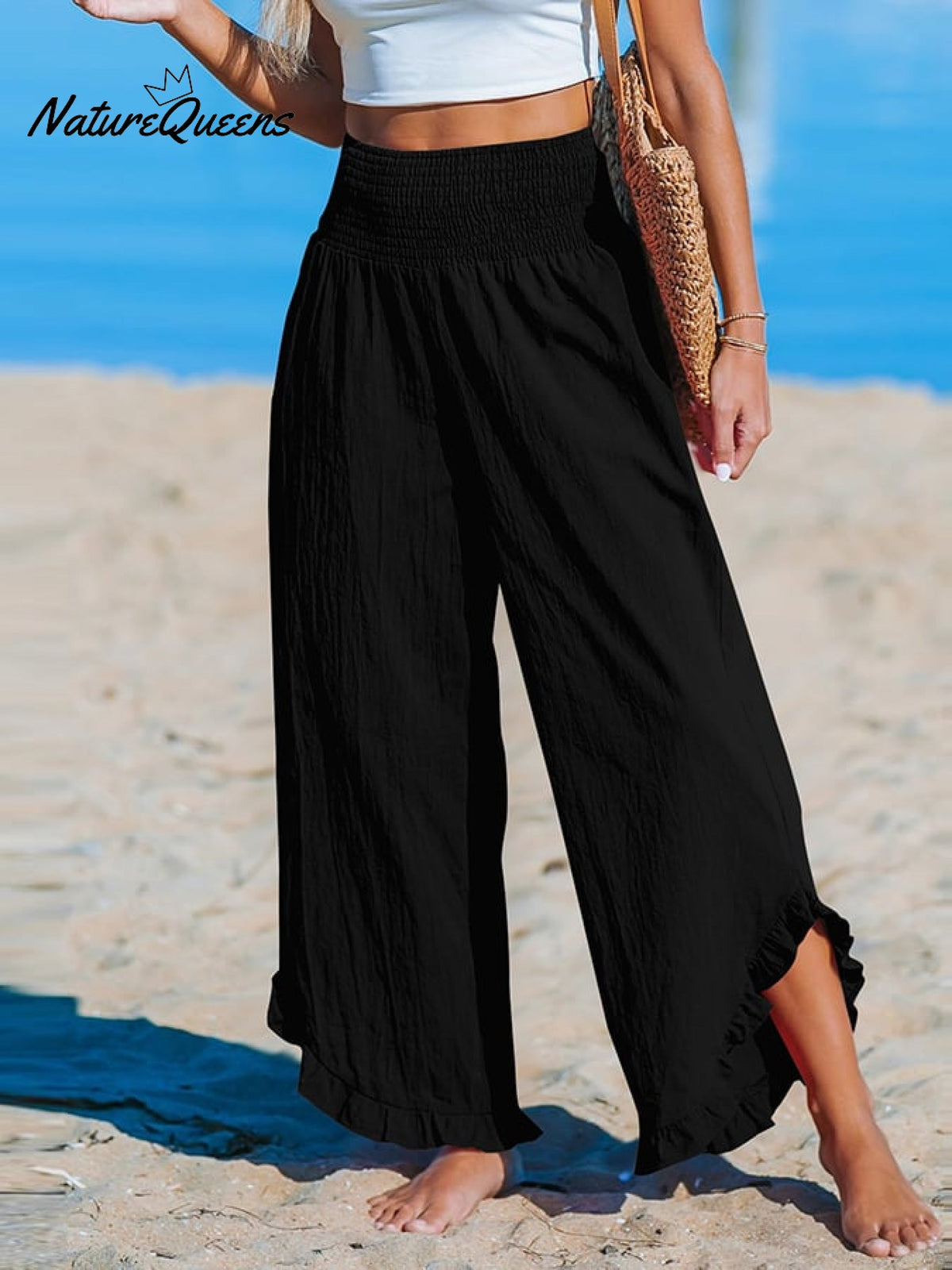 High-Waist Pleated Irregular Hem Cotton and Linen Loose Casual Pants