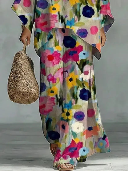 Vintage Floral Art Comfortable Loose Cotton Linen Wide-Leg Pants Two-Piece Set