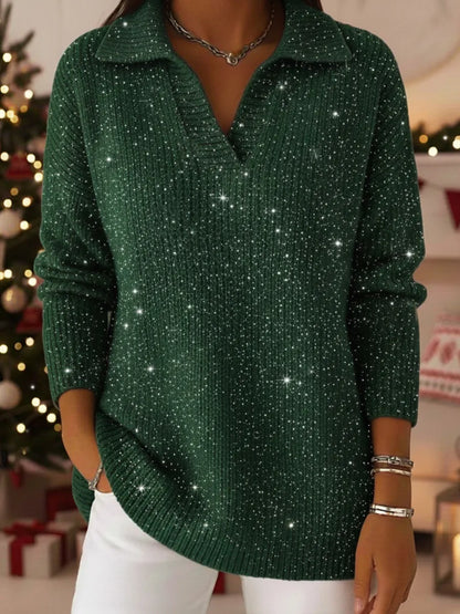 Christmas Party Polo Collar Shiny Loose Sweater Top