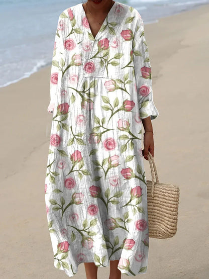 Rose Flower Print Casual Cotton and Linen Shirt
